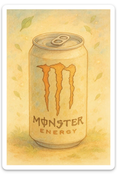 monster energy drink can, soft and whimsical ghibli-inspired illustration style sticker