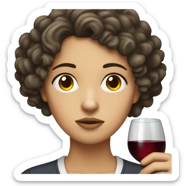Sad White Woman with curly dark brown hair drinking wine sticker