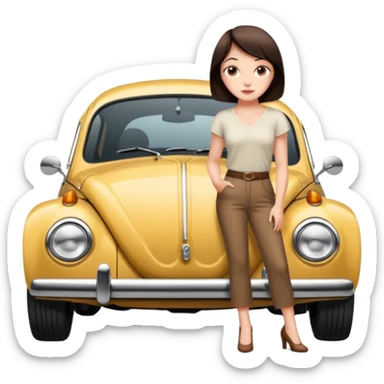 Pretty, sexy, slightly curvy white woman with short dark brown hair, beside a VW beetle sticker
