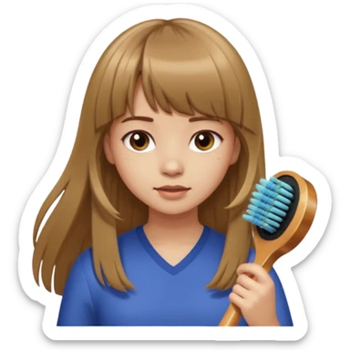 a girl with light skin and medium brown long hair with bangs who is brushing her hair sticker