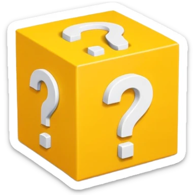  yellow cube shaped box over stuffed with white question mark cubes sticker