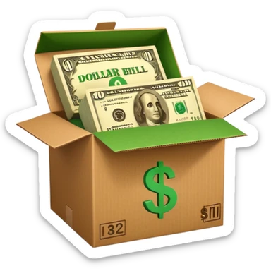 a shipping box with a single green cash bill with a dollar sign on it in front of it sticker