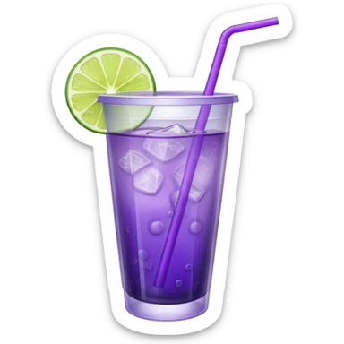 purple cocktail with a lime in a plastic cup with lid and straw sticker