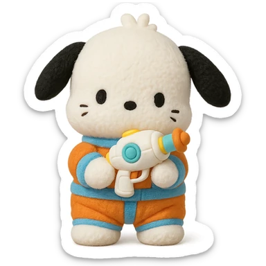 Pochacco holding a cute toy blaster, white with black ears, wearing an orange and blue astronaut suit, plushy Popmart doll style, playful and adorable sticker