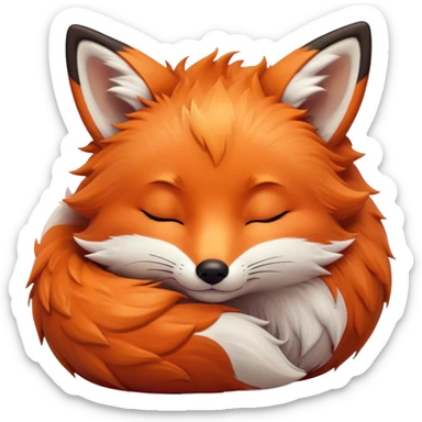 Cinematic cute sleepy fox, curled into a cozy fluffy ball, warm glowing fur, tiny black nose resting on its tail, soft breathing visible, peaceful and charming. sticker