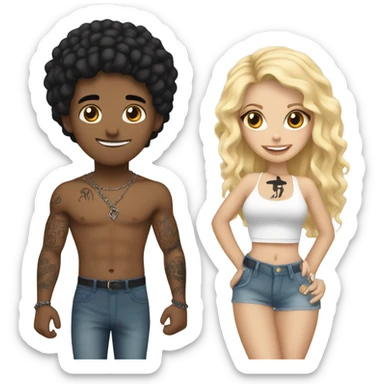 A black hair boy with tattoos with a blonde girl wearing a Shakira lace up croc top  sticker