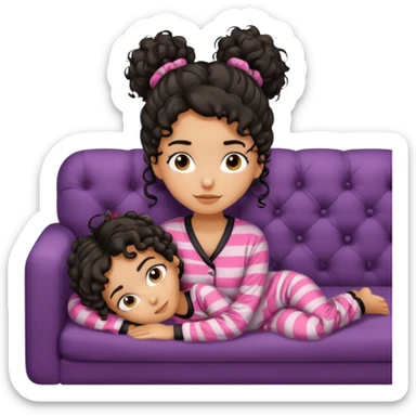 Tan girl, black curly messy hair in bun lying on couch in pjs sticker