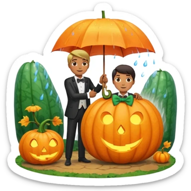 Make a guy hugging a giant pumpkin with a fork in his right hand while there's fire while there's a lady watching while it's raining while there's an umbrella on the ground that's alive and the sun has a bow tie on his neck sticker