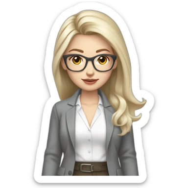 full height pale skin woman with cold blonde straight hair, care haircut, White blouse, Gray oversize jacket, Gray skirt and metal glasses holding a color palette in the hands sticker