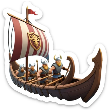 clash-of-clans-aesthetic_-cinematic-viking-longboat, rendered in a flat, bold vector style with minimal shading, featuring a striking dragon-headed prow slicing through icy, churning waters. shields on the side and vikings rowing The longboat’s intricately detailed shields and carved motifs evoke a sense of epic adventure and Nordic might, with billowing sails catching a dramatic, stormy sky backdrop. sticker