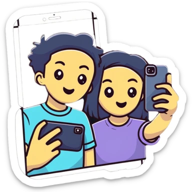Two best friends taking a selfie together with Instagram frame, holding a phone, Instagram worthy sticker