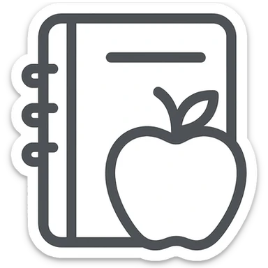 modern, simple icon of an apple and notebook with clear lines and neutral colors, no folder, just the symbol sticker