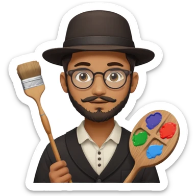 generate an ios genmoji of a 20 year old tan indian boy with rounded spectacles and a AMISH beard, carrying a paintbrush and palette sticker