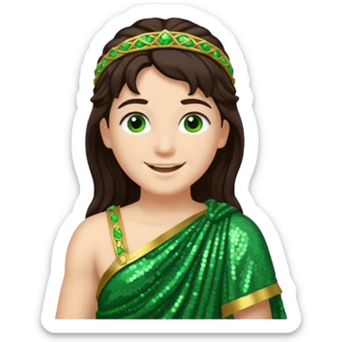 Juno from Roman Deities with long dark brown hair, green sequin toga sticker