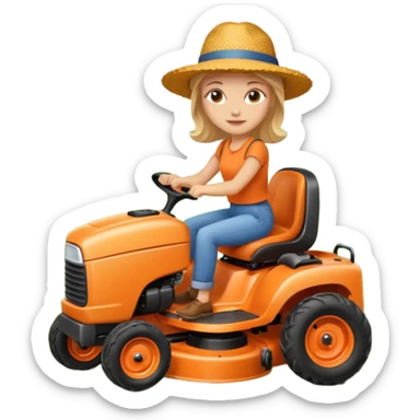 White woman without glasses wearing a straw hat, on old orange ride on lawn mower.  sticker
