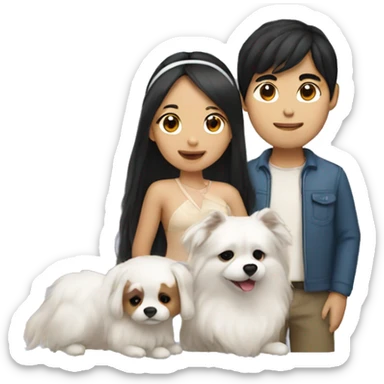an Asian girl with long hair and an Asian guy with a headband. they are holding a small white fluffy dog sticker