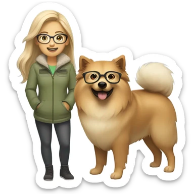 Brown light hair woman aux Green eyes with glasses Green eyes and Light sand  eurasier dog  sticker