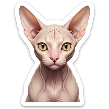 Cinematic Grumpy Sphynx Cat Portrait Emoji, Head tilted slightly with a deeply unimpressed expression, smooth, wrinkled skin with pronounced facial folds giving a permanent look of disapproval, large ears standing tall, piercing eyes narrowed into an unamused glare, Simplified yet comically expressive features, highly detailed, glowing with a dry, sarcastic glow, high shine, effortlessly judgmental yet dignified, stylized with a touch of cynicism, bright but brooding, soft glowing outline, capturing the essence of an eternally unimpressed yet endearing feline, so lifelike it feels like it could sigh heavily at you in disdain at any moment! sticker
