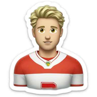 A young white man in a Ferrari jersey with sort hair and light green eyes and dig cheeks sticker