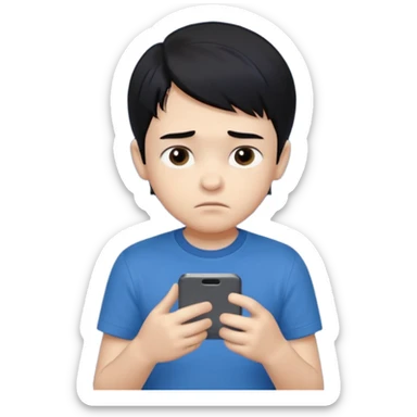un niño de entre 3 - 10 años jugando con su celular, cansado en una habitacion apagada, el niño tiene piel blanca y cabello negro (hombre)

 sticker