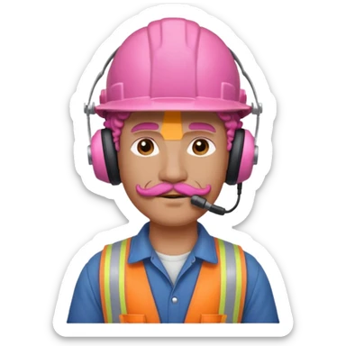 construction worker with pink curly hair and protective headphones and mustache sticker