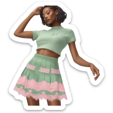 Sage green a-line mini skirt with pink lace and bows and embroidery, isolated sticker
