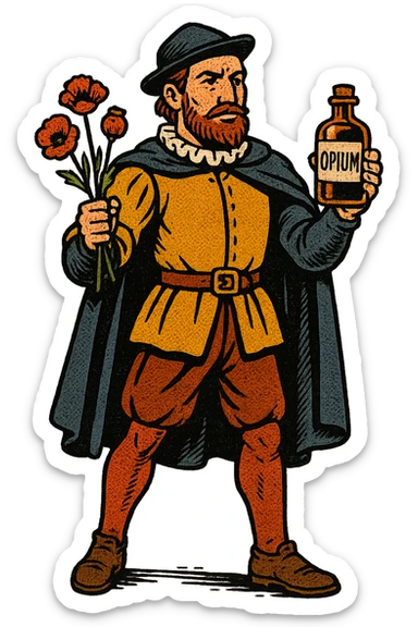 the full body of a tudor explorer sailor holding small poppies and an old medicine bottle with the word opium on it sticker