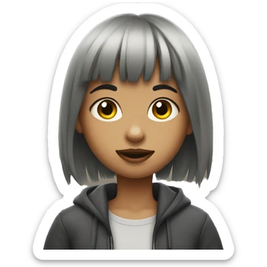 A girl with a wolfcut and bangs eating the city sticker