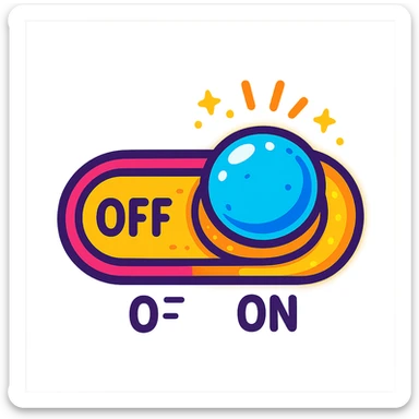 cartoon-style toggle switch button, vibrant colors, playful, ON/OFF label, glowing, event system theme sticker