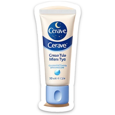 Small white CeraVe tube with blue label soft beige tip, with gentle light. Surrounded by tiny floating tear-shaped sparkles and crescent moon dust, hinting at dark circle repair. Emits a soothing blue-beige aura like a targeted eye revival spell. Compact, calming, and luminous — emoji-style. sticker
