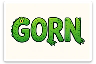 The word 'GORN' in a playful, cartoon style, with each letter featuring green scales and subtle lizard features. sticker