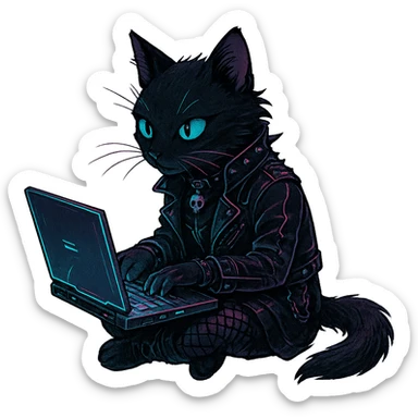  [[[it's a black cat typing at a laptop]]], , punk gothic style, futuristic cyberwave cyberpunk, sitting position
 sticker