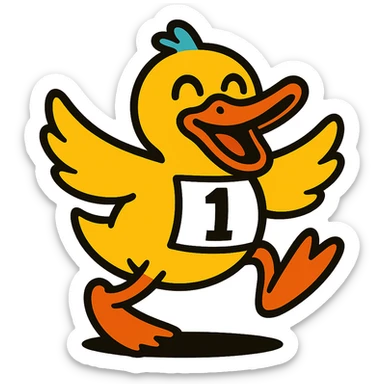 Add a bold racing number to the energetic, vibrant toon style dancing cartoon duck emote for a duck race. Make sure the number is clearly visible and fits the emote style. sticker