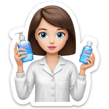 Barbie girl with makeup, blue eyes , and bob haircut, short brown hair in white pajamas, face gel in hand sticker