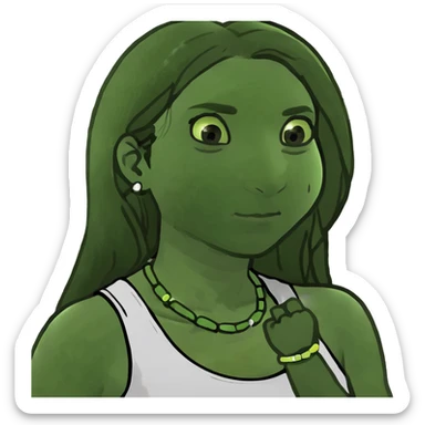 A woman with a round face, big round nose, long straight brown hair, and brown eyes, wearing a white tank top. She has a smooth, simple appearance and bright, clear features with pale,light, skin. sticker