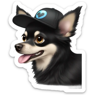 cute black long fur Chihuahua held by old blue eyes man with goatee and ball cap sticker
