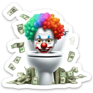 stupid smiling clown man standing over a toilet, throwing green hundred dollar bills into the toilet sticker