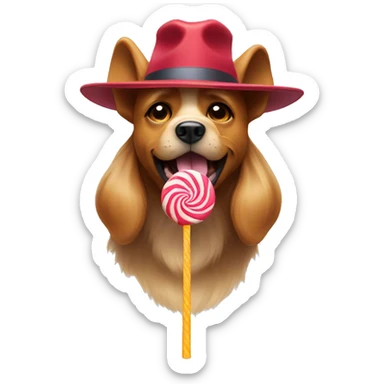 dog wearing hat tongue sticking out holding lollipop sticker