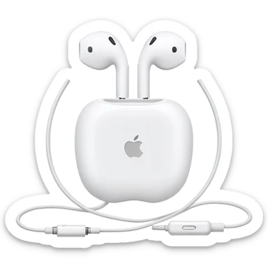 Ultra minimalist white Apple EarPods with cord coiled in a perfect circle, extremely simplified design with minimal details, basic clean outlines, just the essential shape of white headphones and wire in a circle, iOS style sticker