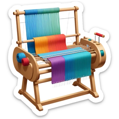 Weaving icon, loom with colorful fabric being woven, visible shuttle, spools of yarn, fabric swatches, sewing patterns, and finished clothes, minimalistic style, clean lines, transparent background. sticker