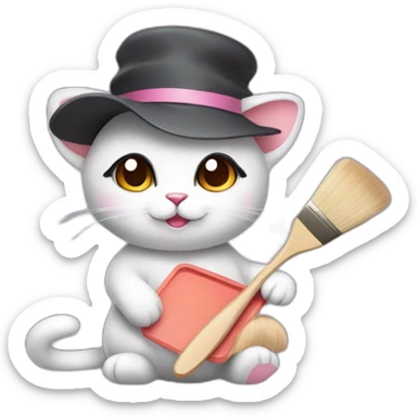 Kawaii cat artist in hat holding palette and brush so it can be used as a mouse cursor sticker