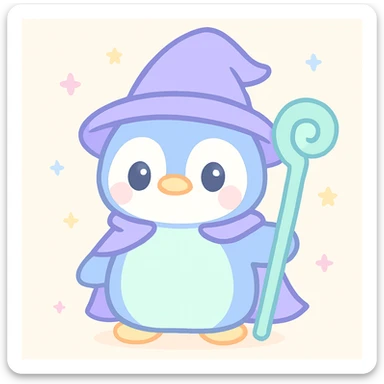 a penguin dressed as a wizard, with a pointed hat and a magic staff, in a fun and whimsical style sticker