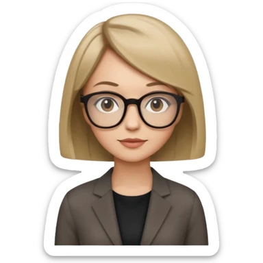 woman dark blonde petite bob haircut wears dark squarish glasses, classic clothes sticker