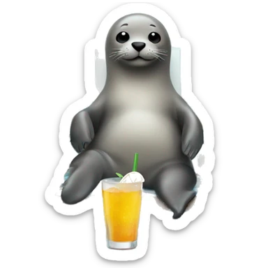 a seal on a deck chair with a drink in his hand at the beach sticker