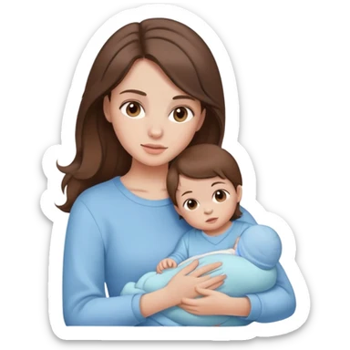 brunette girl with brown hair wearing pastel blue clothes holding a baby sticker