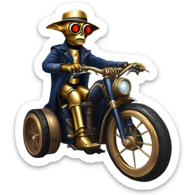Old west Bounty hunter C-3PO Jedi wearing a pair of navy-blue rimmed steampunk goggles, hat, leather chaps, fringe jacket riding a relaxed 3 wheeler trike steampunk rat rod motorcycle in desert town  sticker
