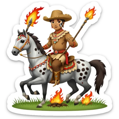Male Chief Osceola wearing traditional Seminole garb and face paint , riding Appaloosa horse and planting a flaming spear into grass sticker