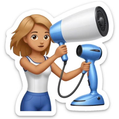 Girl using hair dryer to dry sail of boat sticker