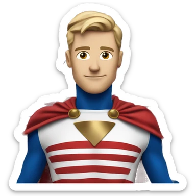 Emoji of Homelander from ‘The Boys’ series. USA flag-inspired costume with cape (red, blue, white). Confident, slightly menacing expression. sticker