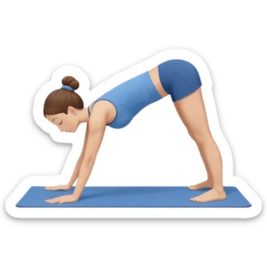 Minimalist flat vector illustration of a woman doing yoga in forward fold pose (Uttanasana), wearing sportswear (blue top and blue shorts), brown hair in a bun, clean white background, no face details, elegant style sticker